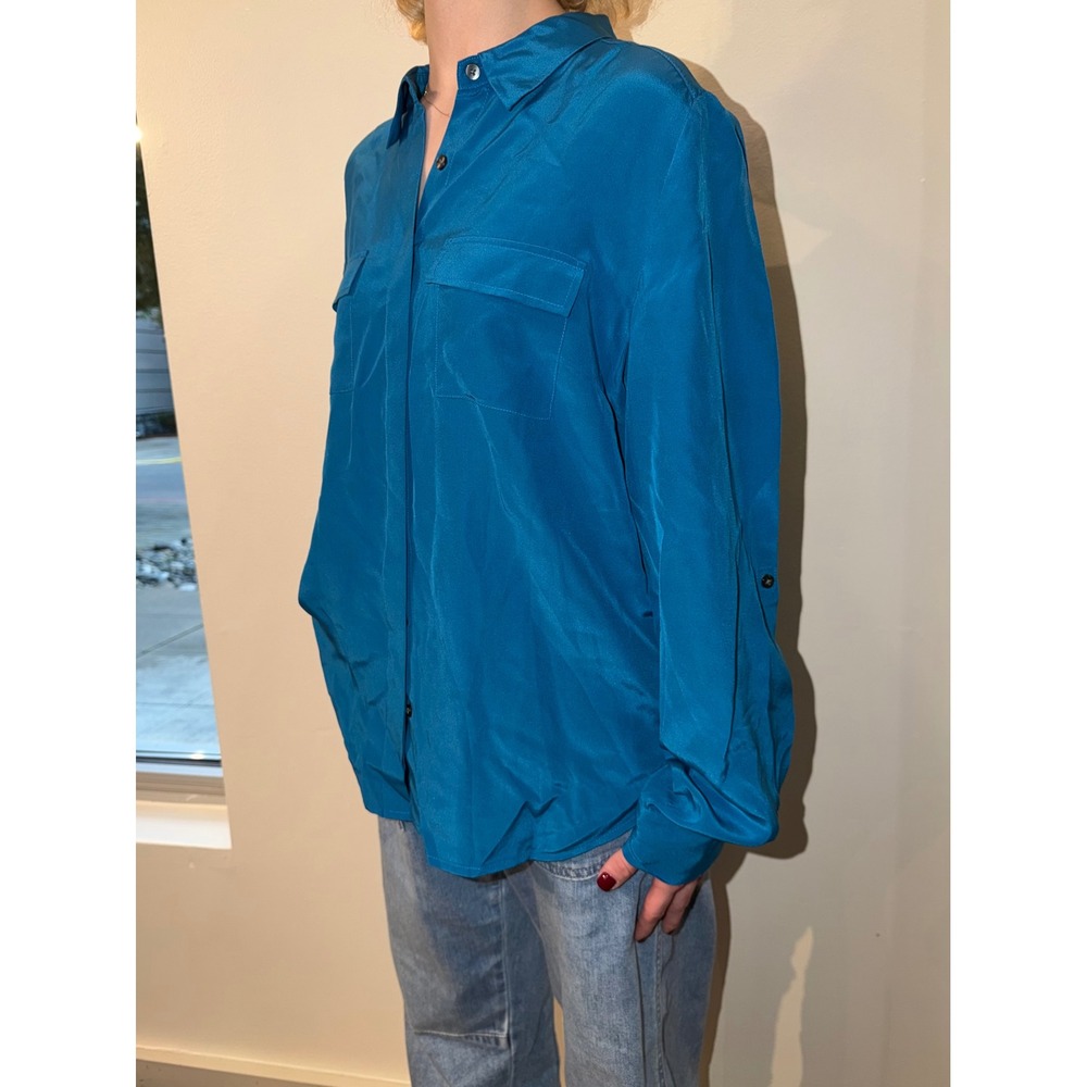 Anne Taylor 100% Silk Blouse Teal Blue Double Pocket Button Down Shirt - Picture 3 of 12